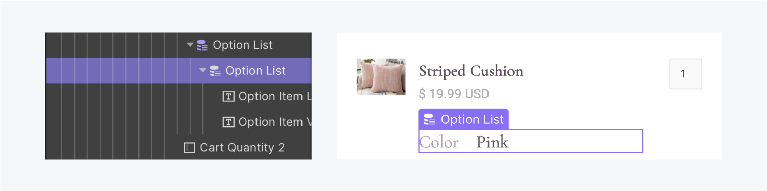 On the left, the option list wrapper is selected in the Navigator. On the right, the option list wrapper is selected in the checkout section of the Striped Cushion option.