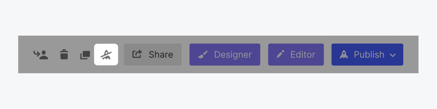 The toolbar in the project settings includes icons for transfer, delete, duplicate and unpublish (highlighted). To the right of the icons are buttons for share, designer, editor and publish.