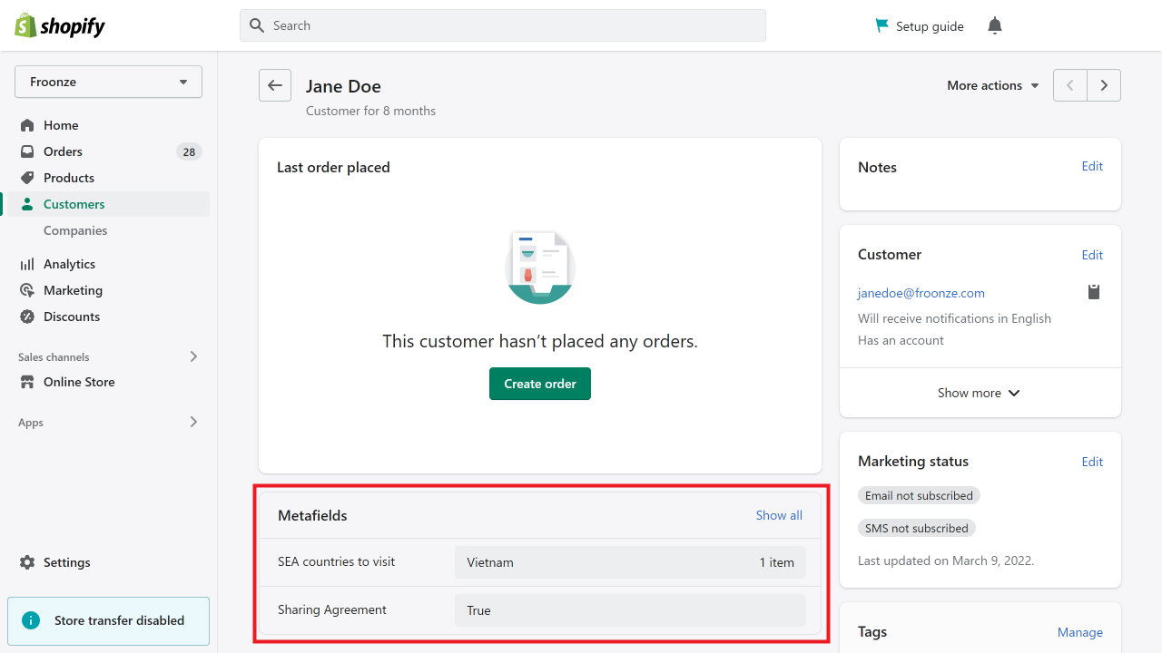 Shopify Customers Admin Panel Pinned Metafields