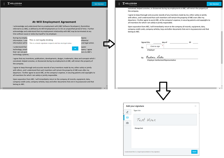 a screenshot with a sequence of steps that the end user steps through while completing an eSignature experience embedded in an iFrame.