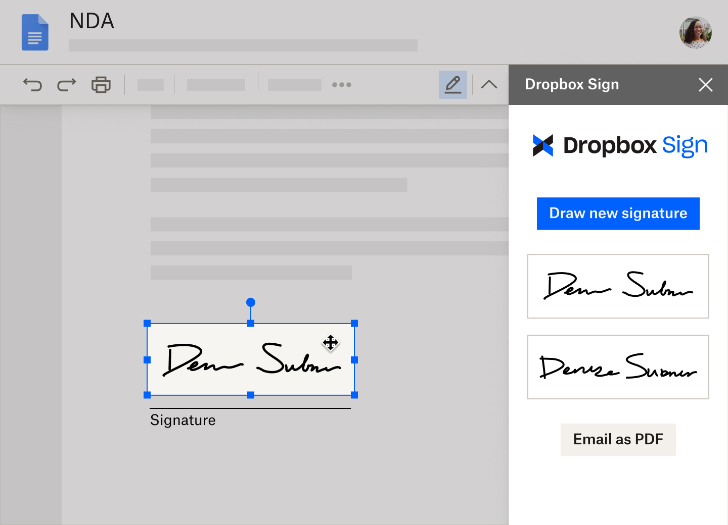 圖片:顯示 Dropbox Sign 與 Google 文件搭配使用