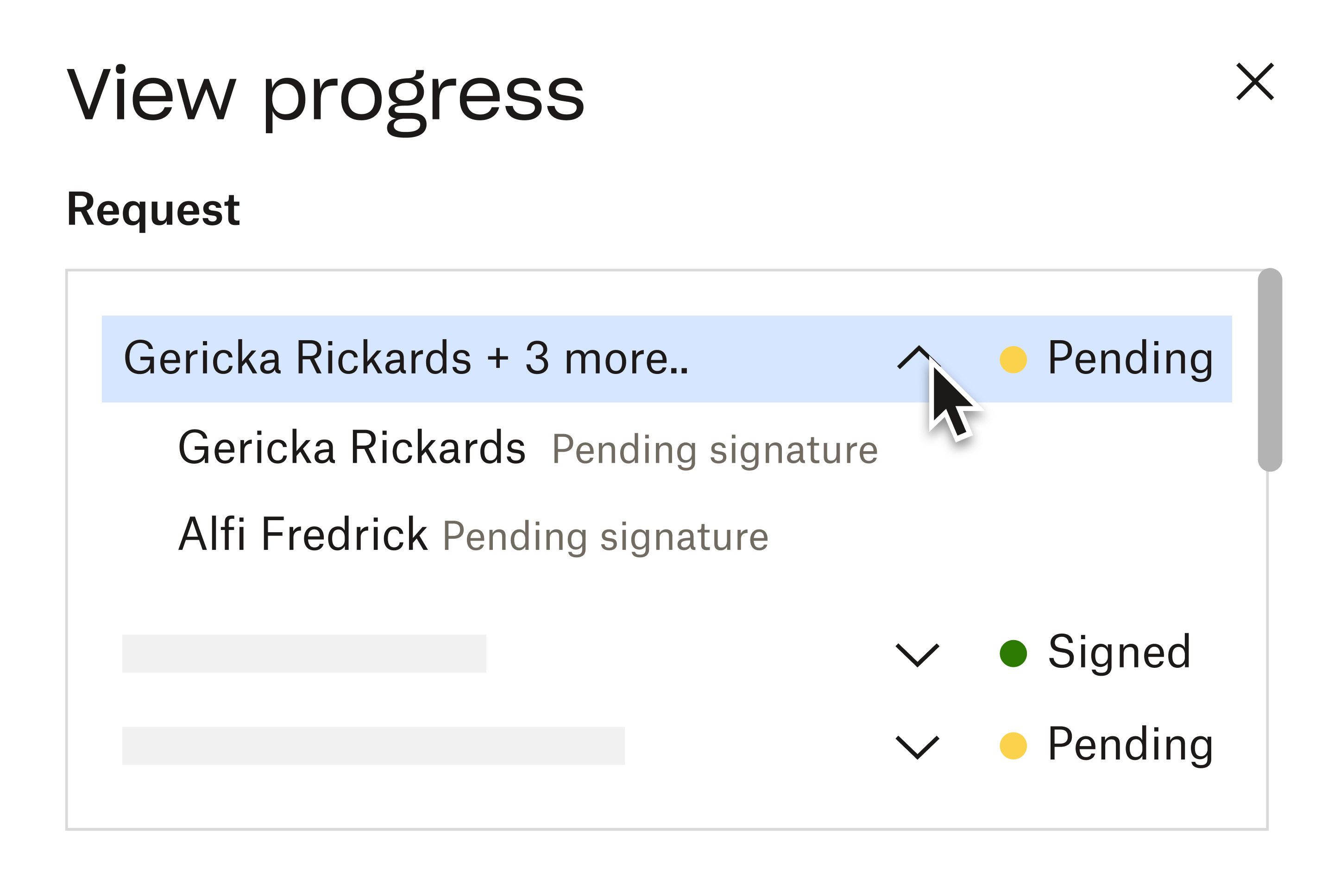 An interface for users to “View progress”. It shows three items sent for eSignature: Two Pending, one Signed.