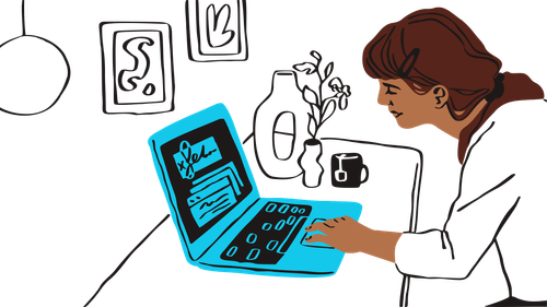 An illustration of a person sitting at a desk with their hand on the trackpad of a laptop.