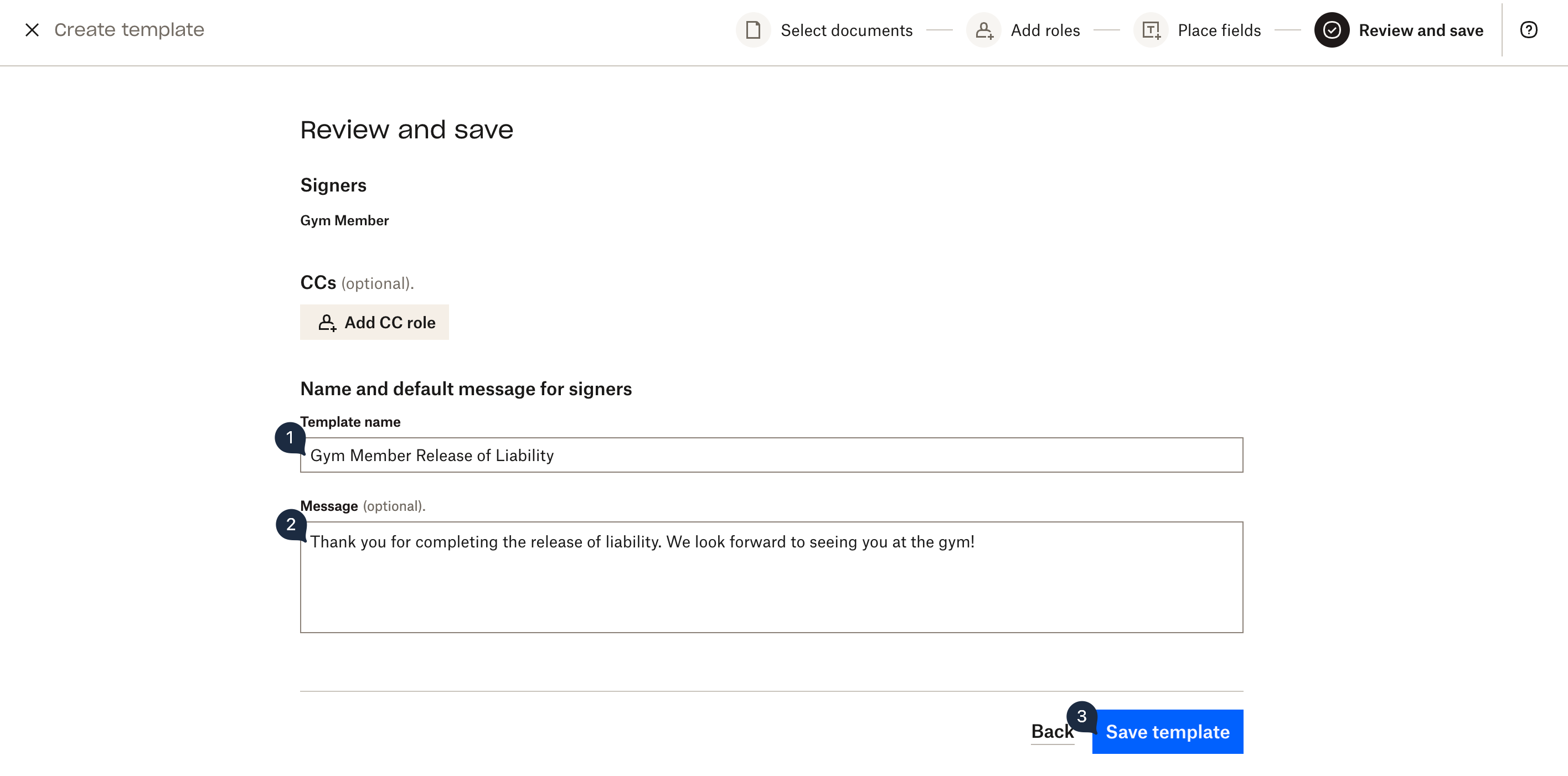 Screenshot showing the Review screen with the **Template name** and **Message fields** populated