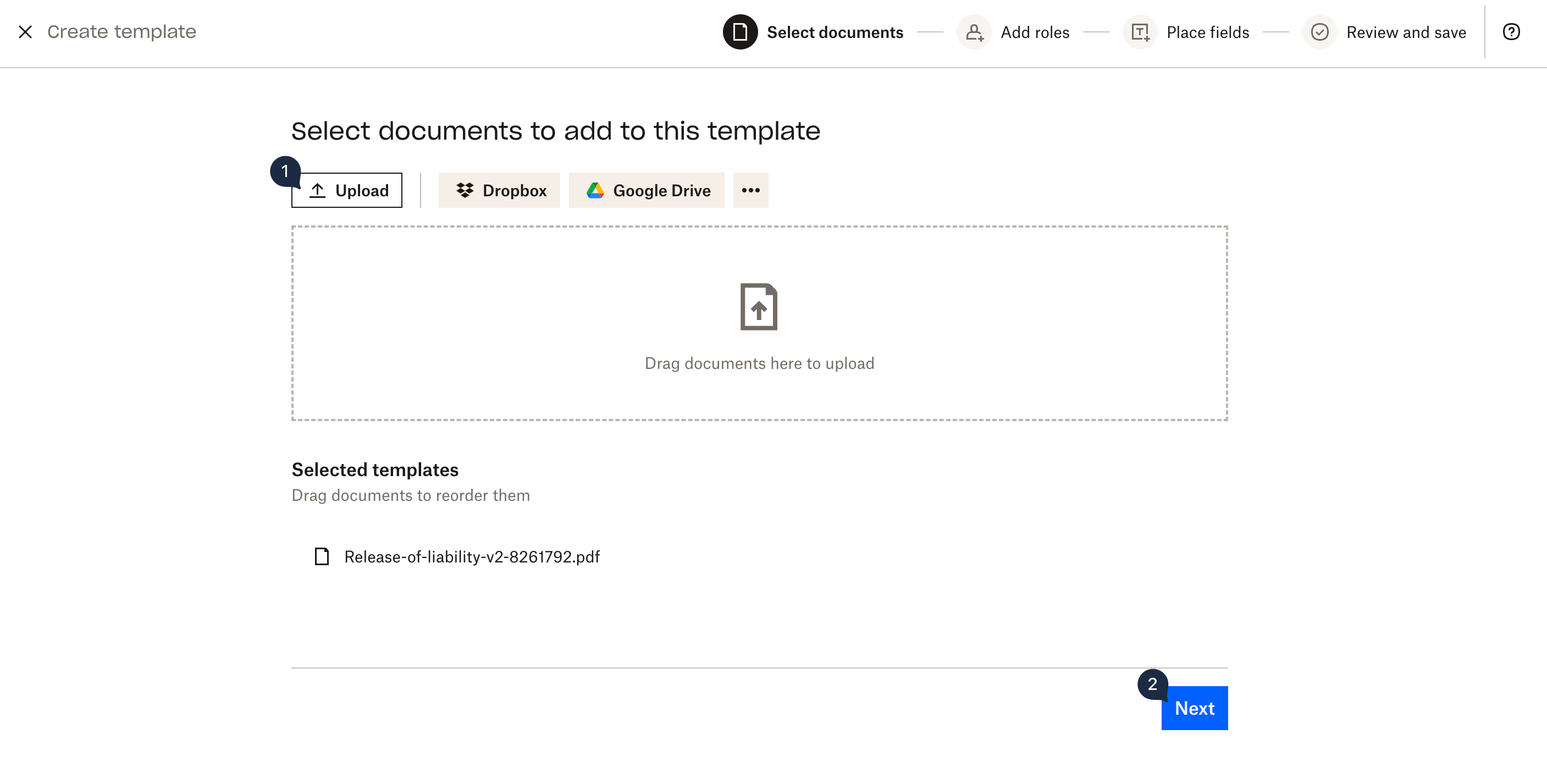 Screenshot showing how to upload the file to Dropbox Sign