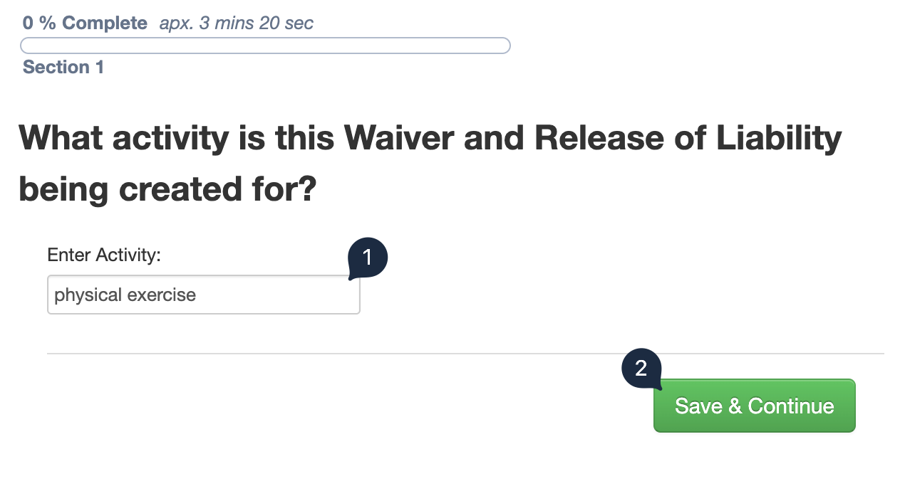 Screenshot of the FormSwift wizard specifying physical exercise as the activity for the waiver