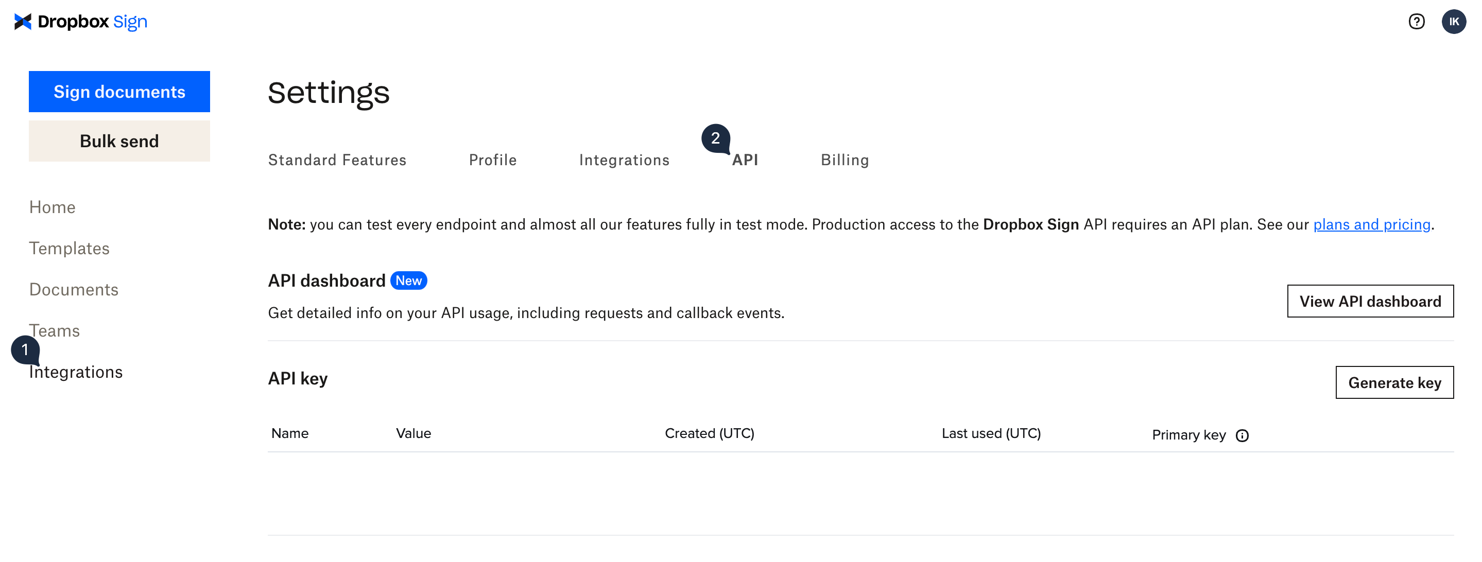 Screenshot of the API tab in Dropbox Sign