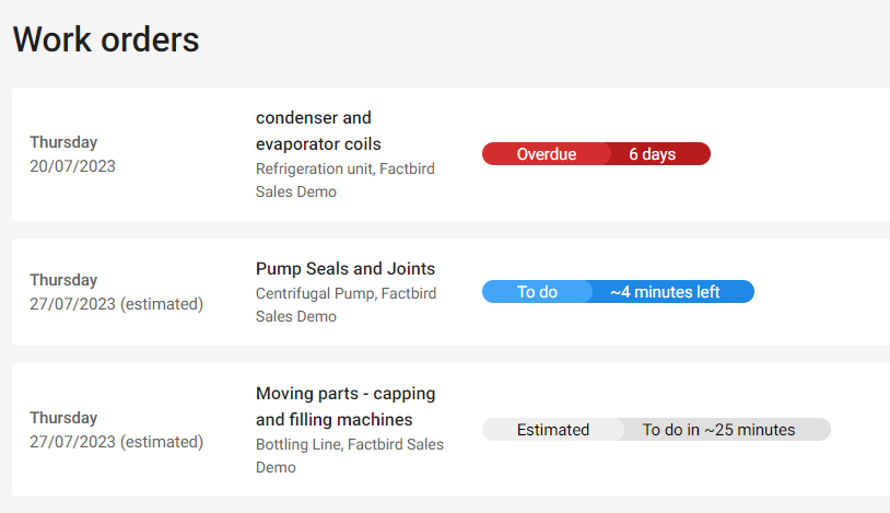 Word orders in Factbird's preventive maintenance module