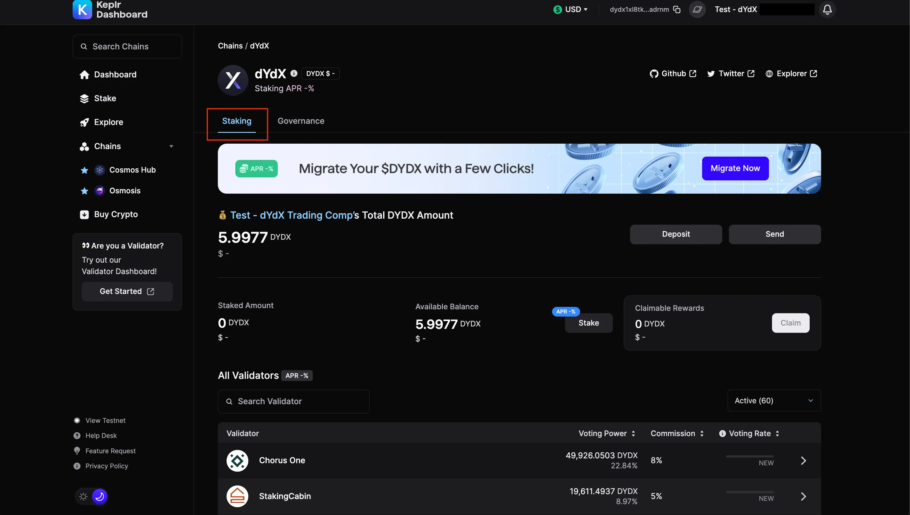 Bảng điều khiển của Keplr một ví tiền điện tử hiển thị bảng điều khiển tập trung vào việc đặt cược