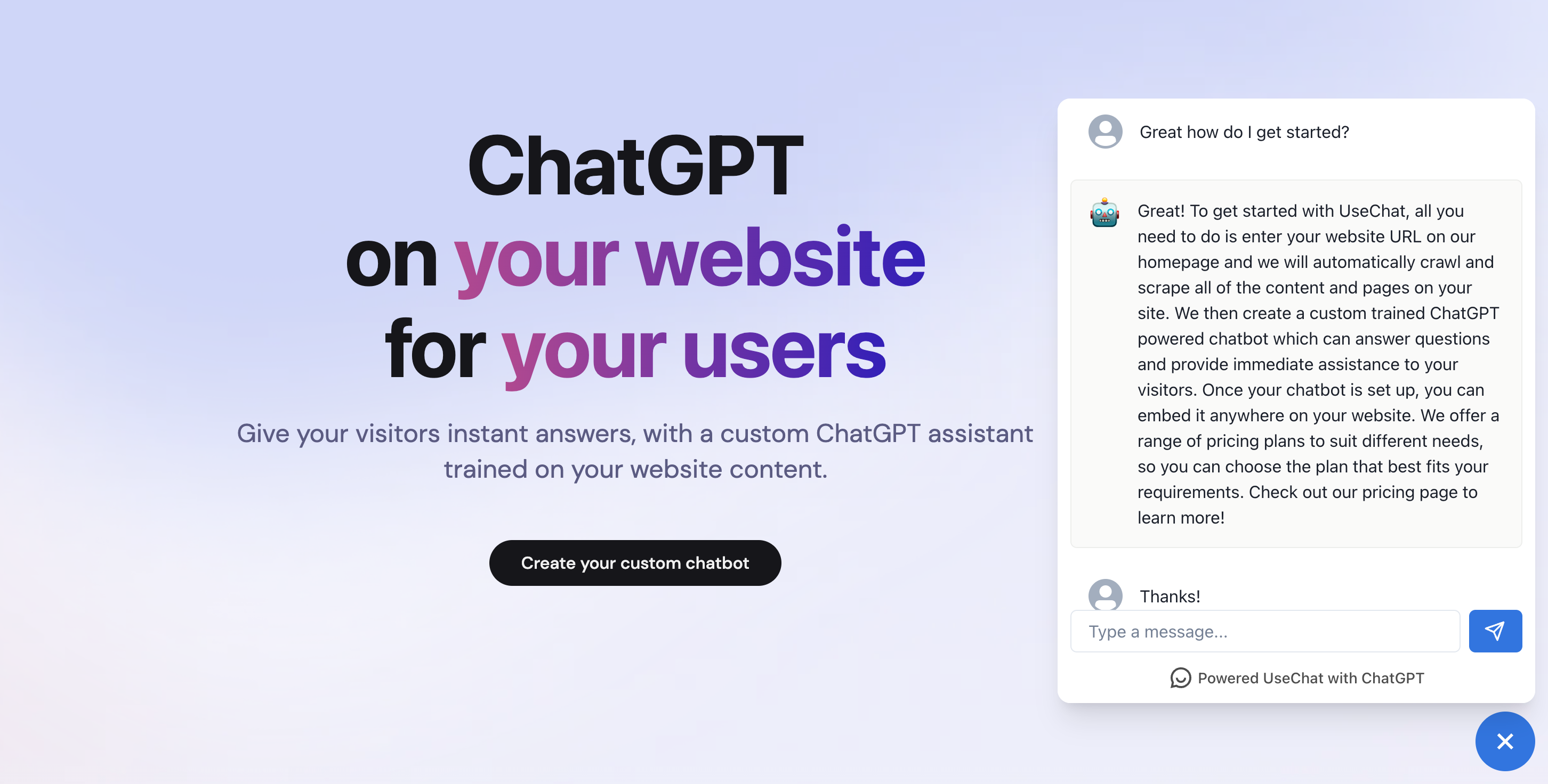 UseChat.ai - train a custom ChatGPT chatbot on your website content