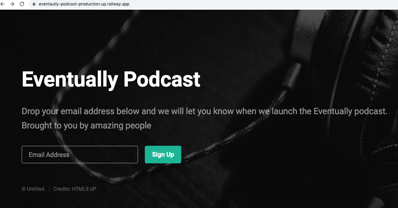 Eventually podcast homepage without social icons