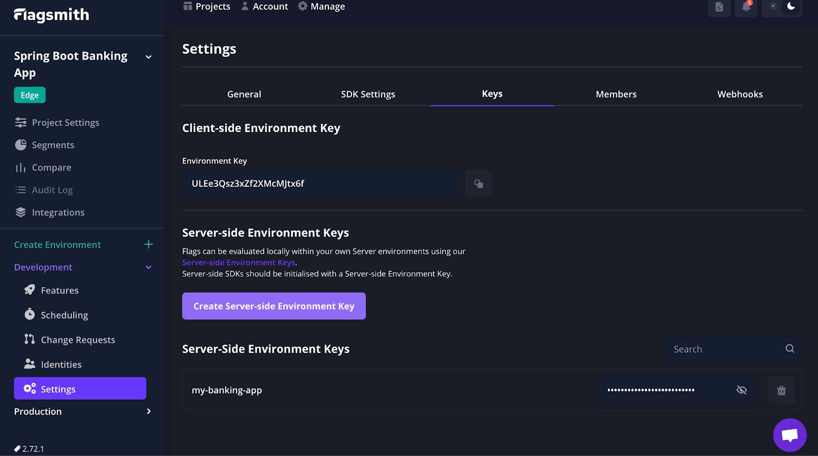 screenshot of getting the server API key for Flagsmith