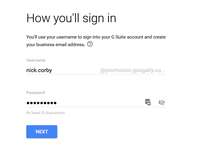 setup username and password - g suite registration