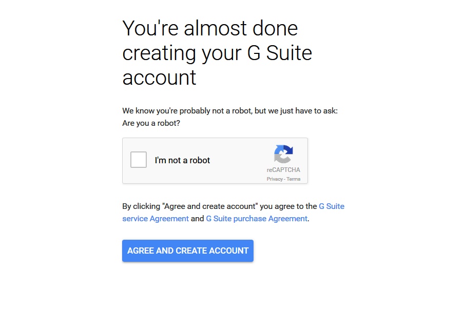 recaptcha verification - gsuite registration