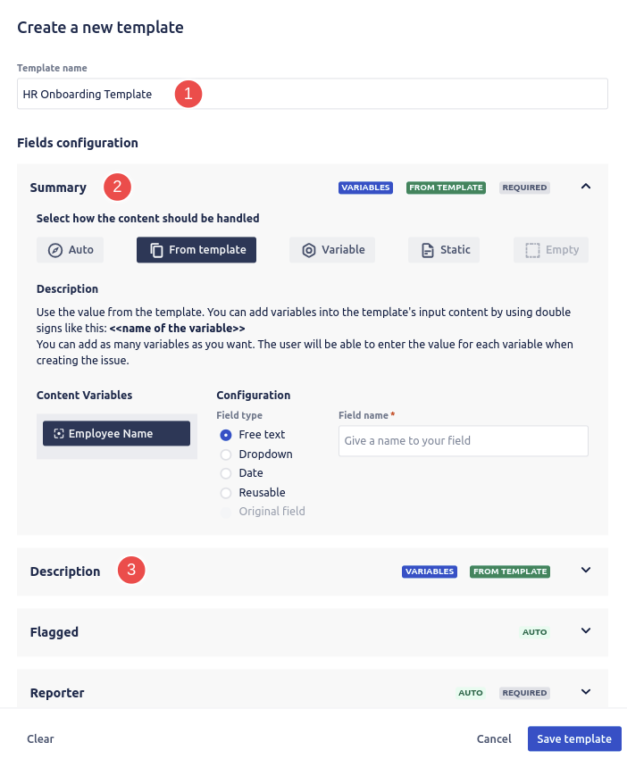 Template configuration screen