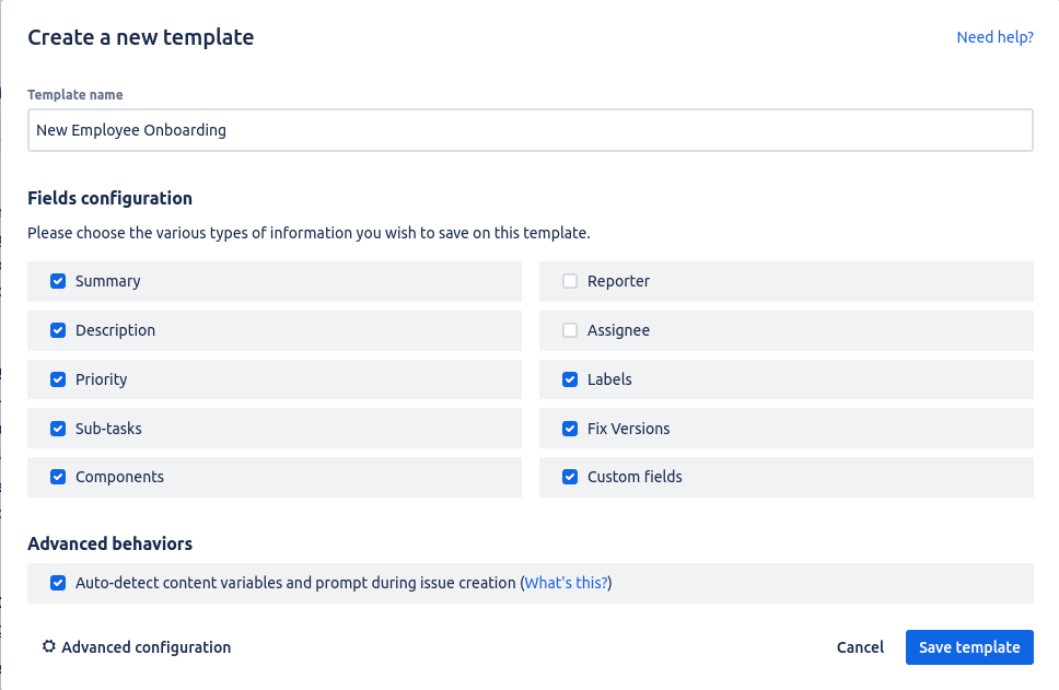 Template configuration screen