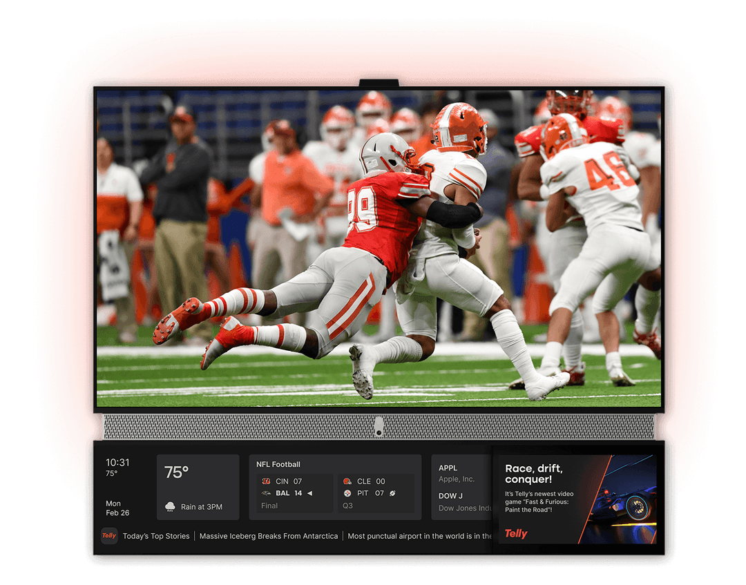 From Telly's website. Football happening on the top screen, with the smaller horizontal bar of a bottom screen showing statistics and an ad for a Fast & Furious video game.