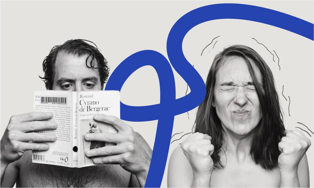 två skådespelare läser tidningen och grimatiserar