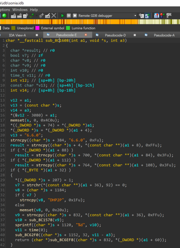 Decompiled function from executable “sonia”