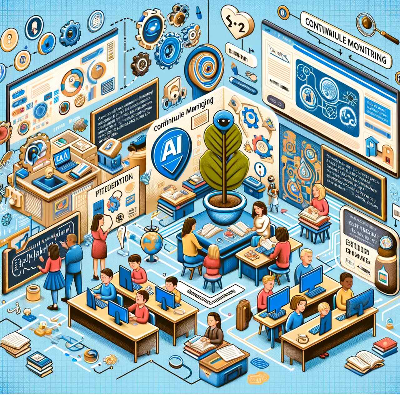 Isometric classroom with people using computers for education with AI.