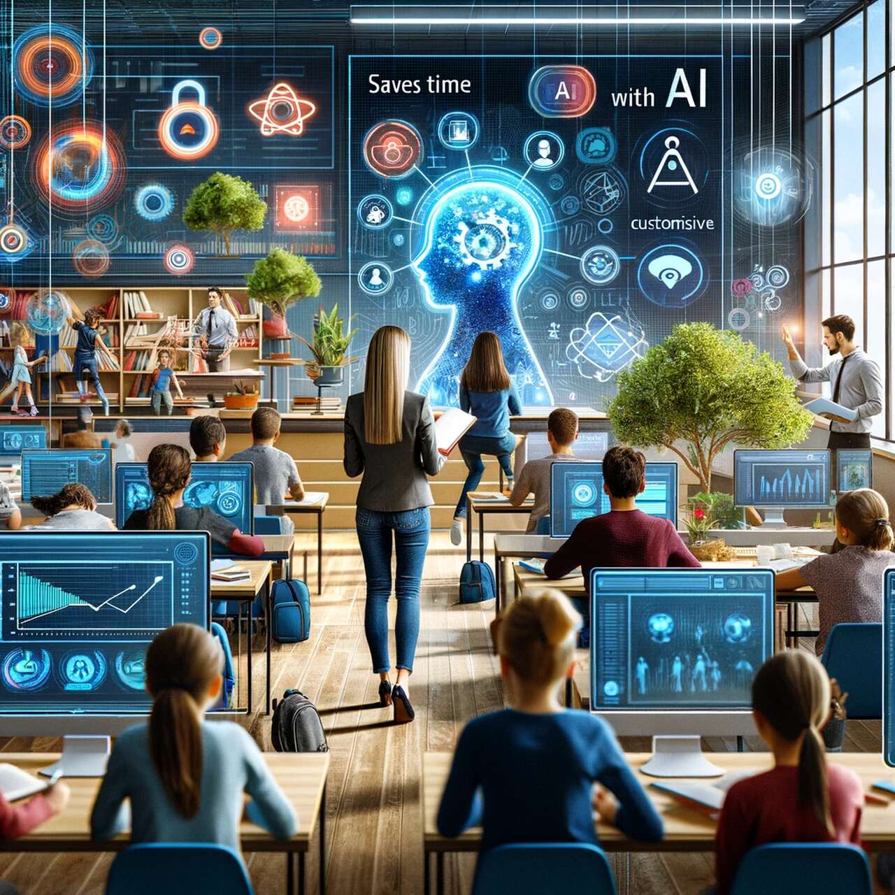 a view of students working with computer in a class including AI holograms