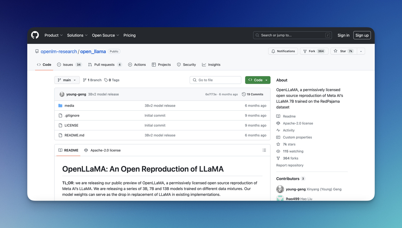 the project of Llama on GitHub