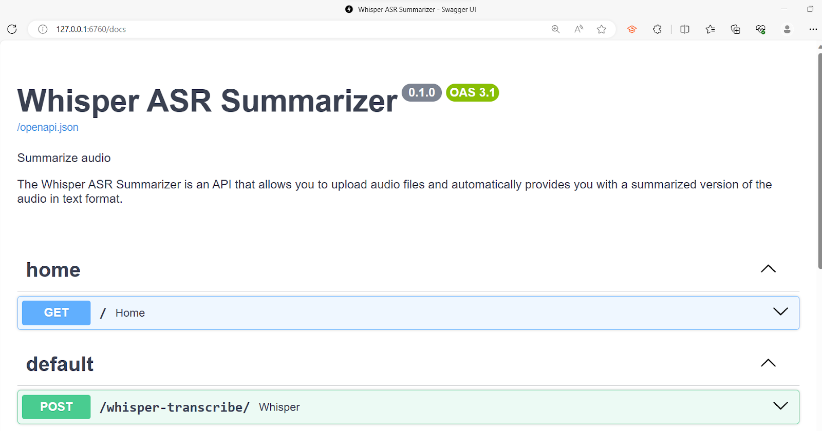 Screenshot of the Whisper AI transcription endpoint