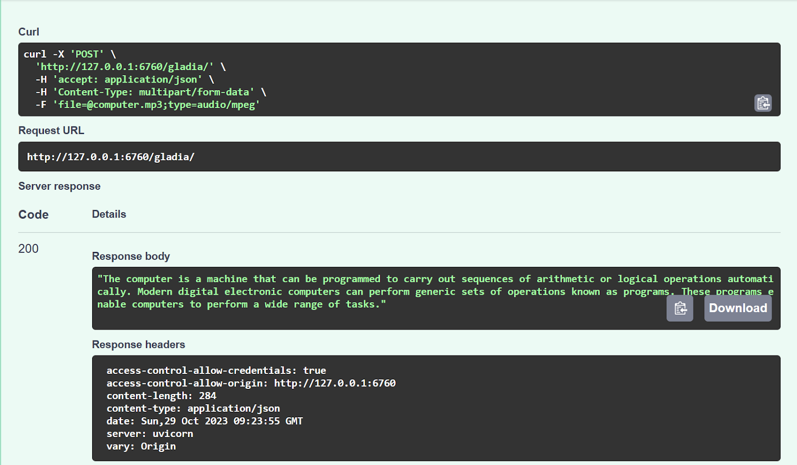 Transcription for audio input on Gladia's endpoint (screenshot)