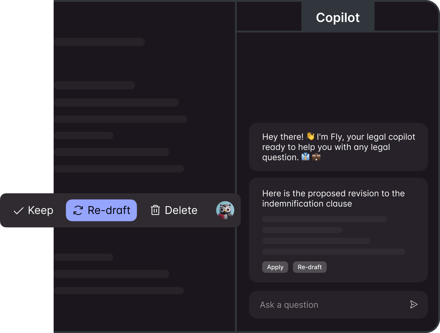 Interface screenshot showing user interaction with LegalFly's AI Copilot for revising a contract, highlighting the collaborative and intelligent aspects.