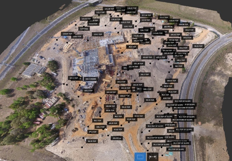 Visual showing elevations relative to plans on a drone-generated 3D point cloud