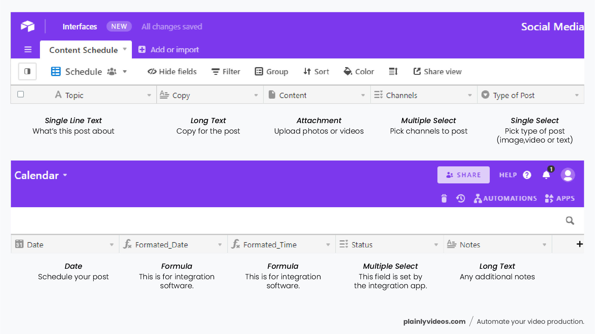 Field setups for Airtable Content Calendar