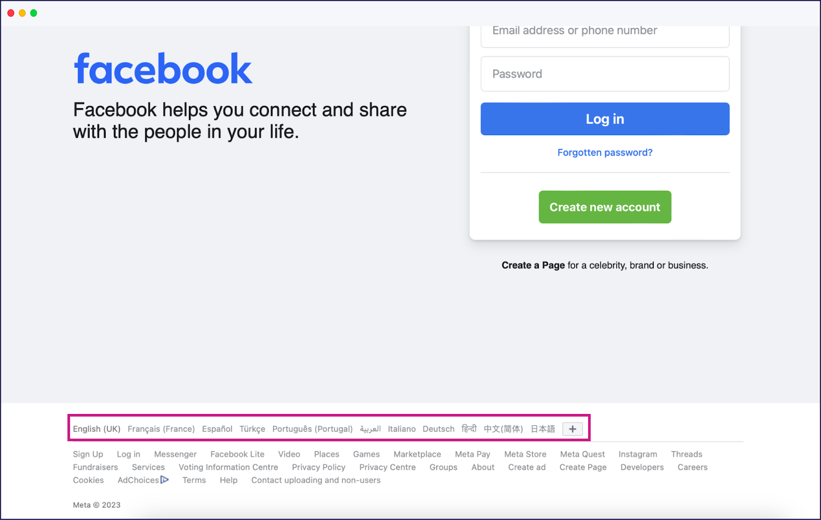 Facebook's website language selector