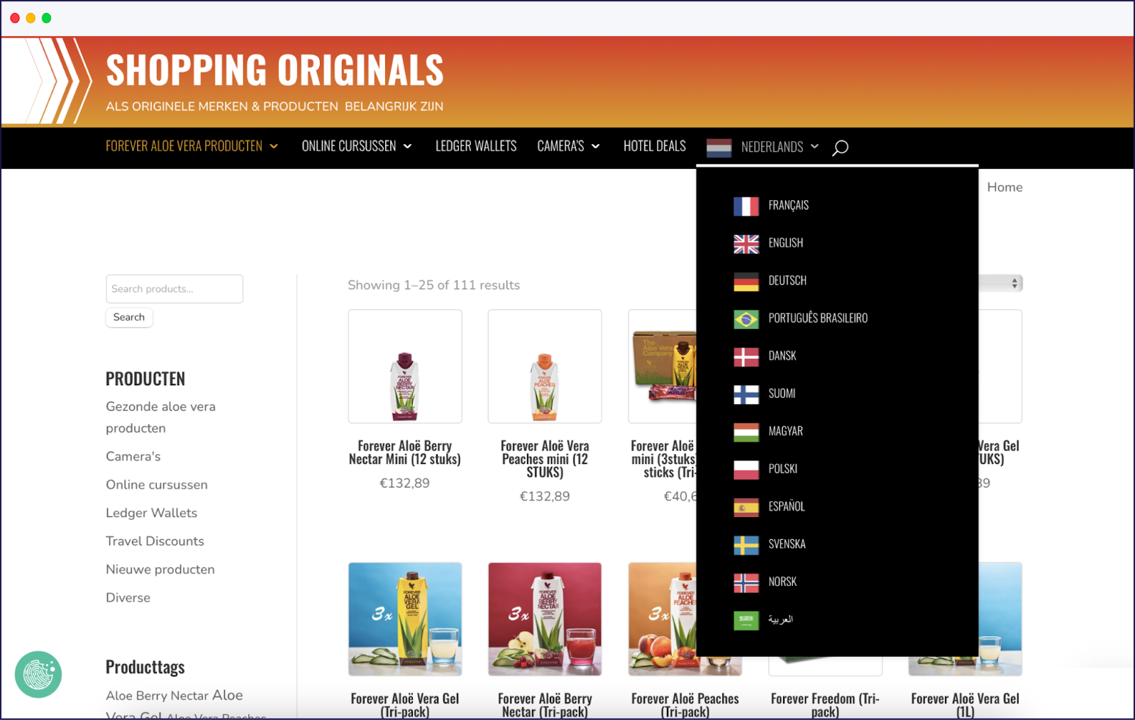 Shopping Originals' website language selector