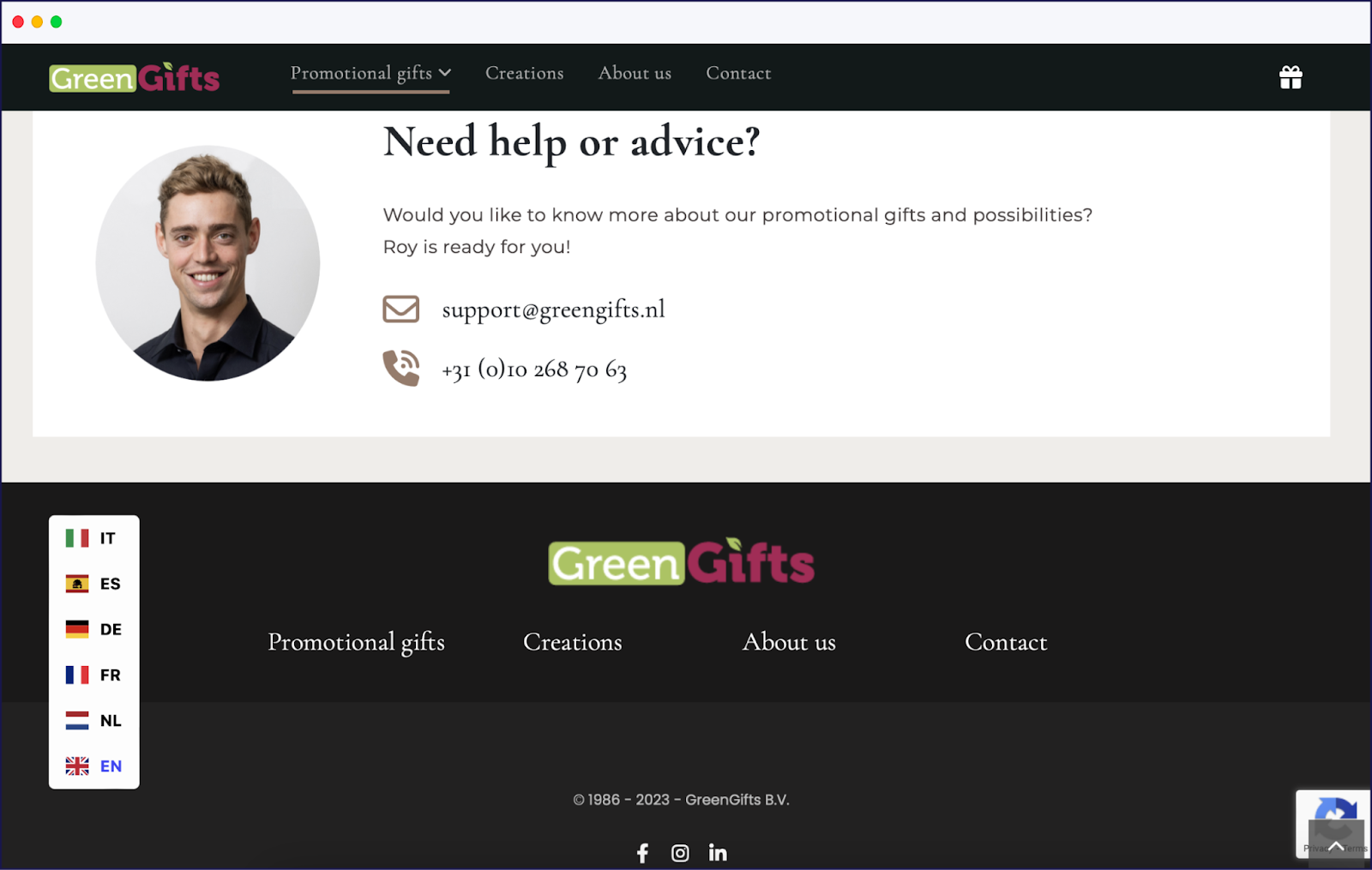 Green Gifts' website language selector