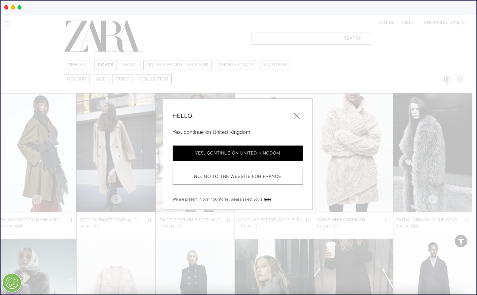 ZARA's website language selector