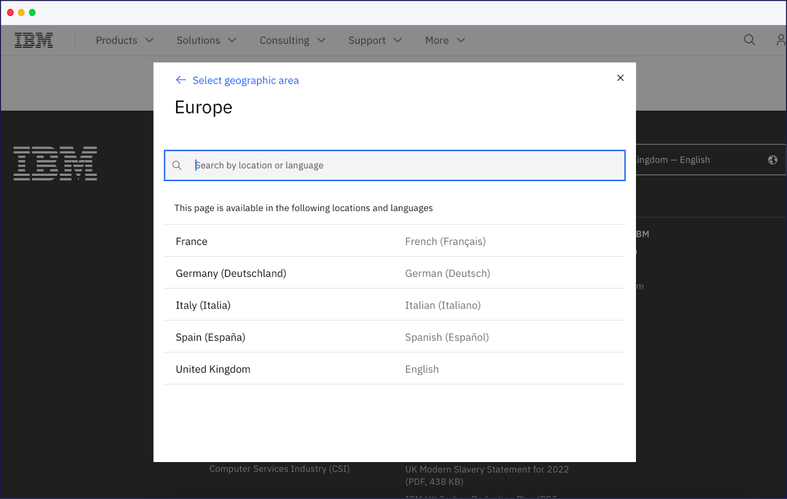 IBM's website language selector, which features autocomplete