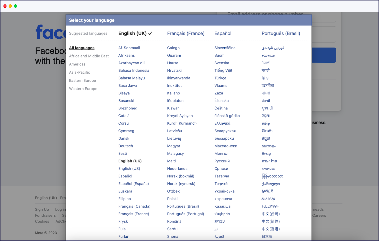 Facebook's website language selector