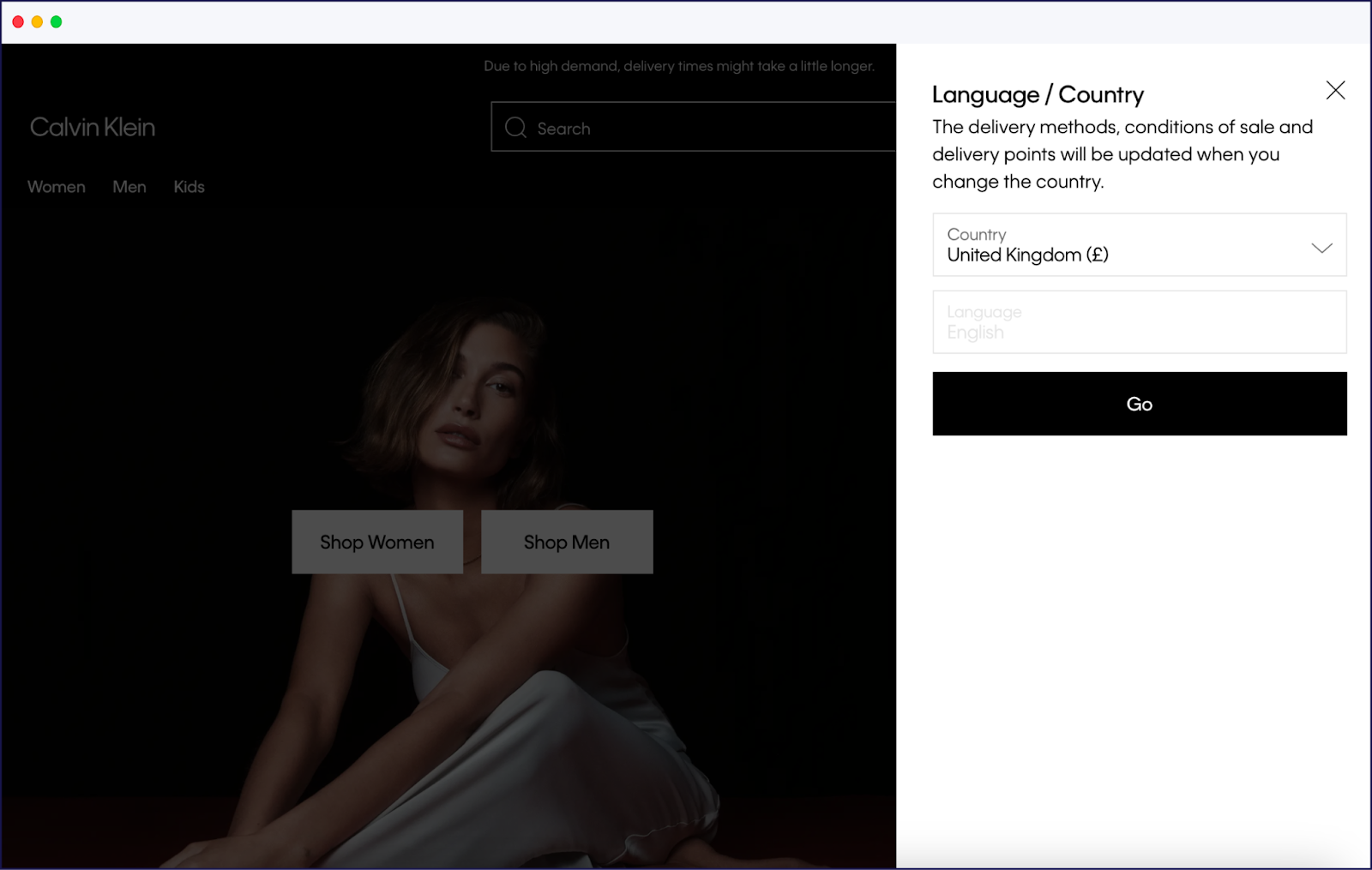 Calvin Klein's website language selector