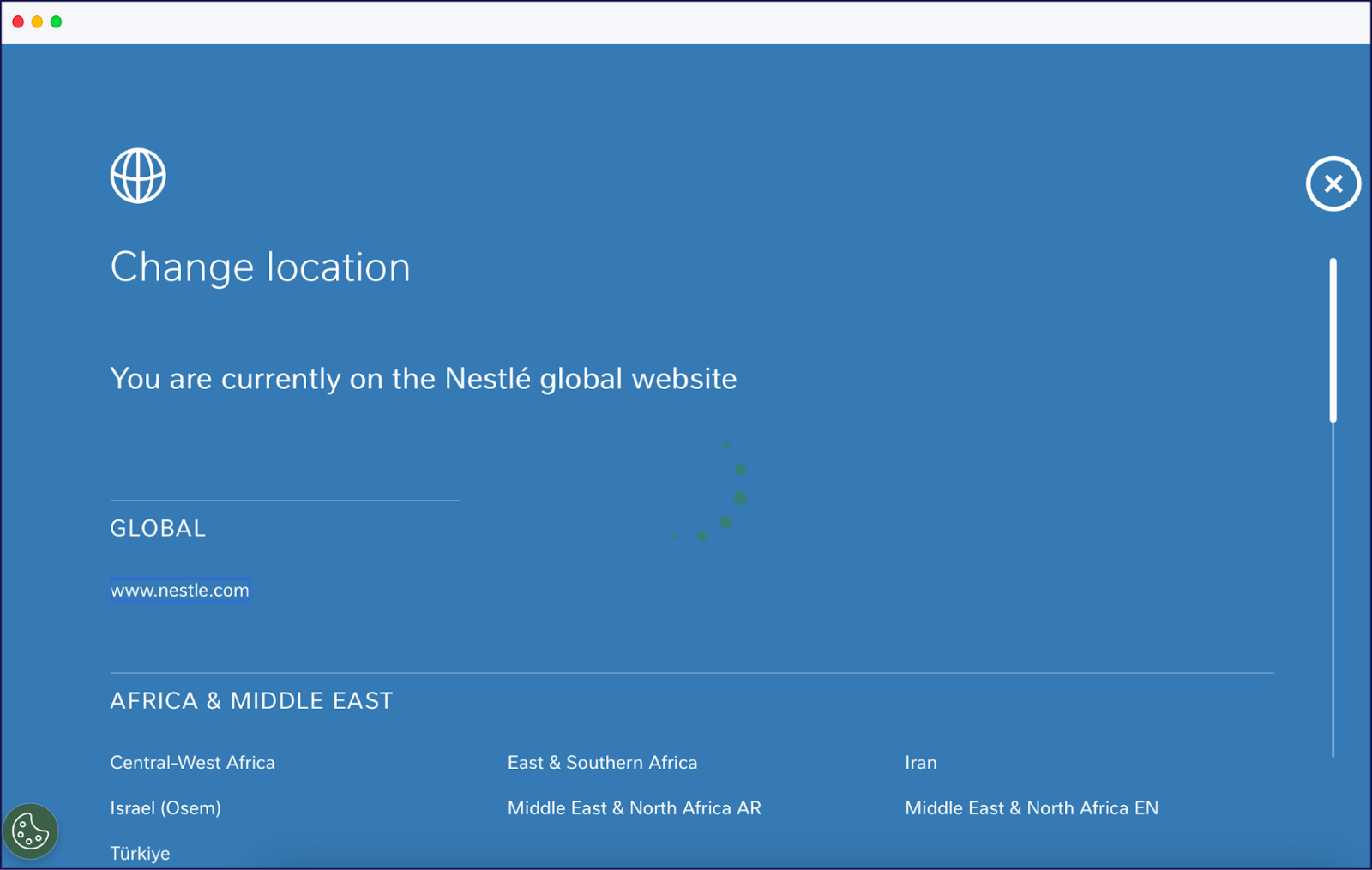 Nestle's website language selector (modal)