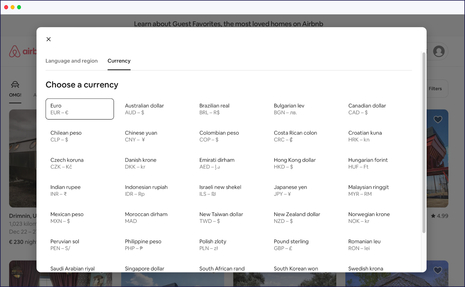 Airbnb's currency selector