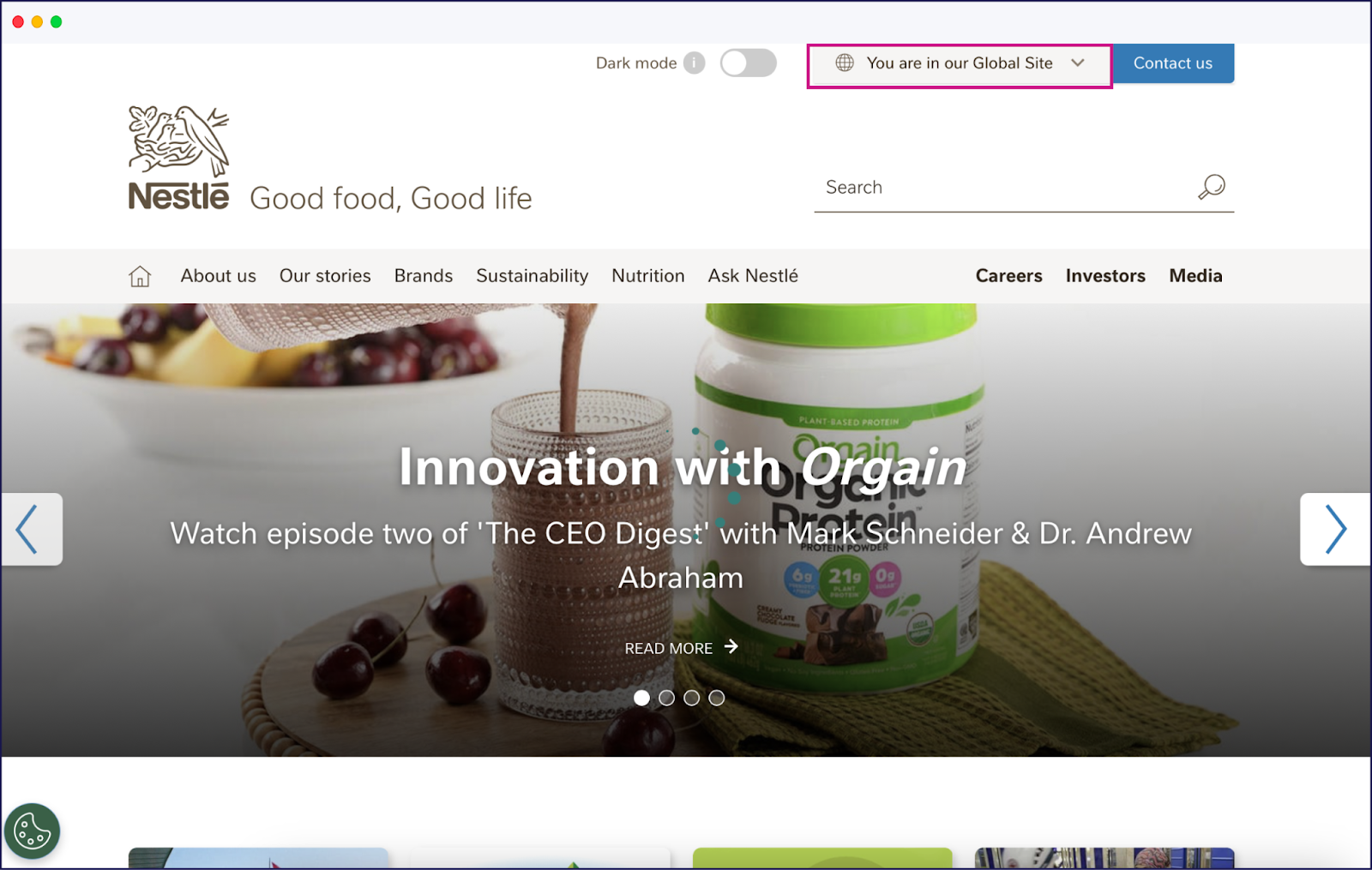 Nestlé's website language selector
