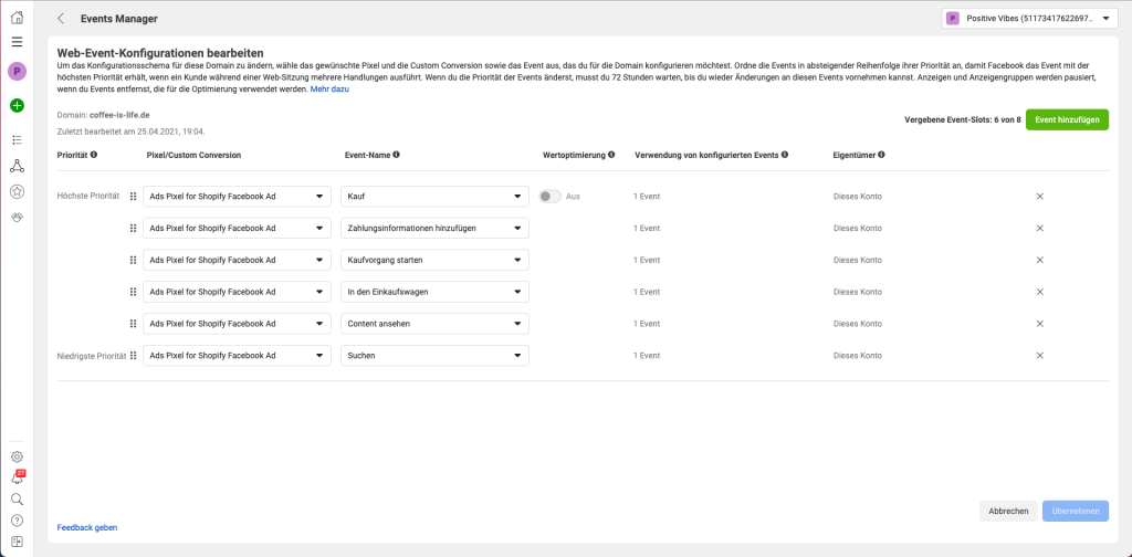 Events priorisieren Events Manager
