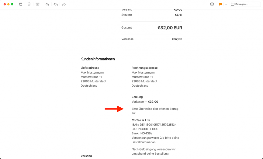 Shopify - Manuelle Zahlungsmethode einrichten - Zahlungsanweisung Bestellzusammenfassung