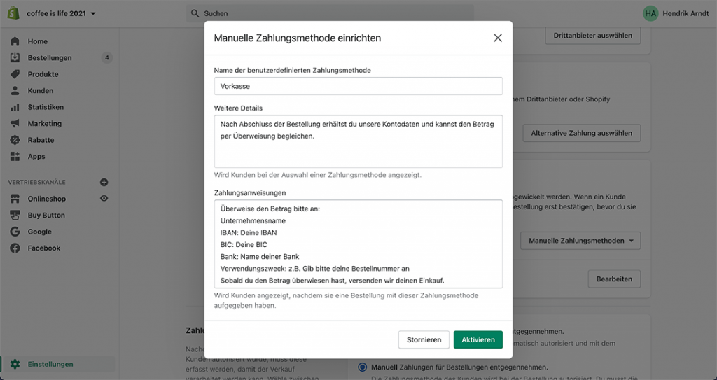 Shopify - Manuelle Zahlungsmethode einrichten - Zahlungsanweisungen