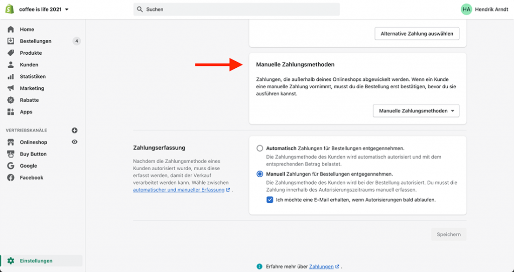 Shopify - Manuelle Zahlungsmethode einrichten - Manuelle Zahlungsmethoden