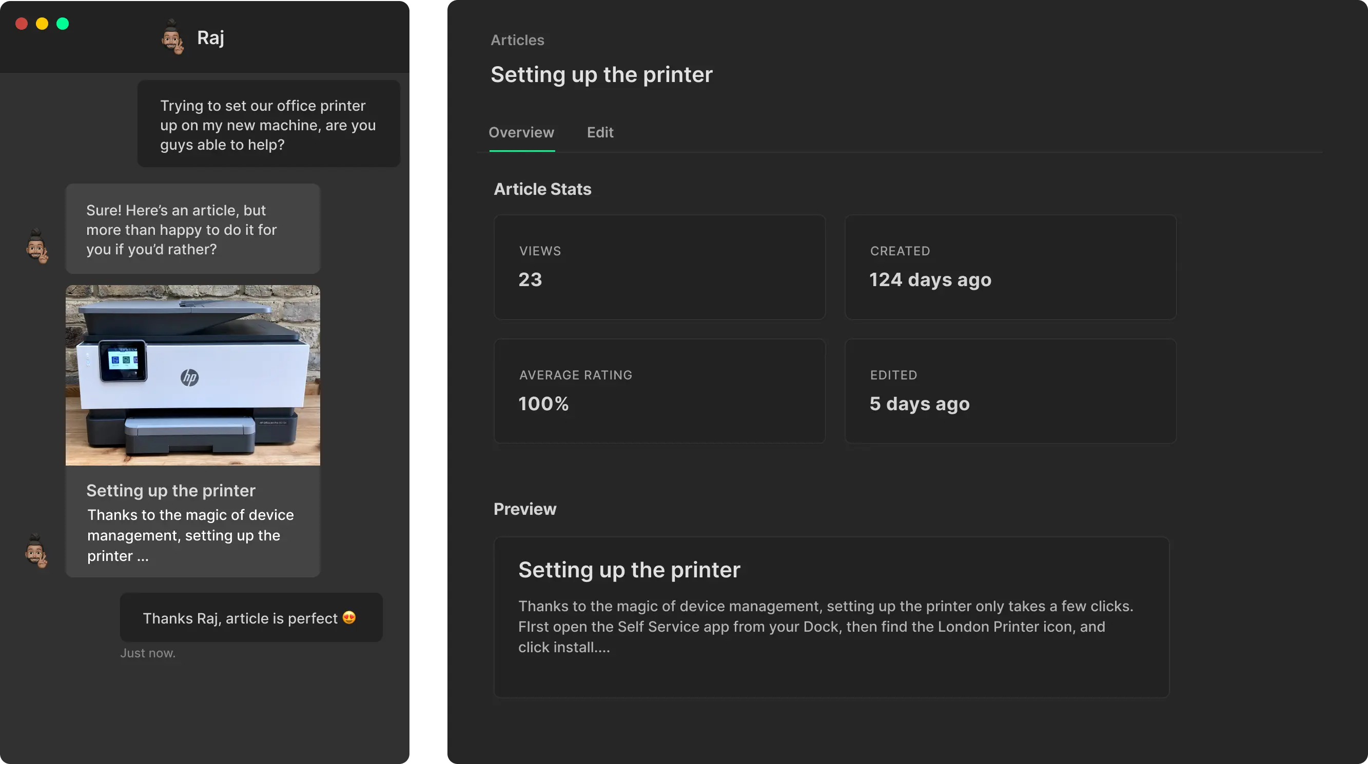 A screenshot from our LeftBrain dashboard, with a live message chat with Raj sending through an article about setting up the printer. The article has been rated 100% useful!