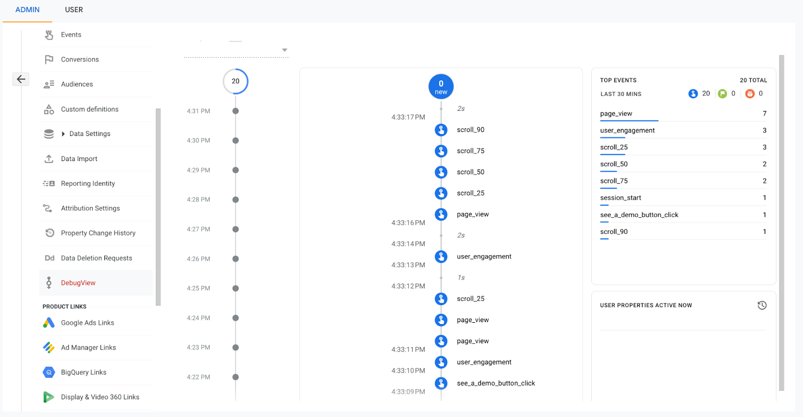 DebugView visualization of events lineage in GA4