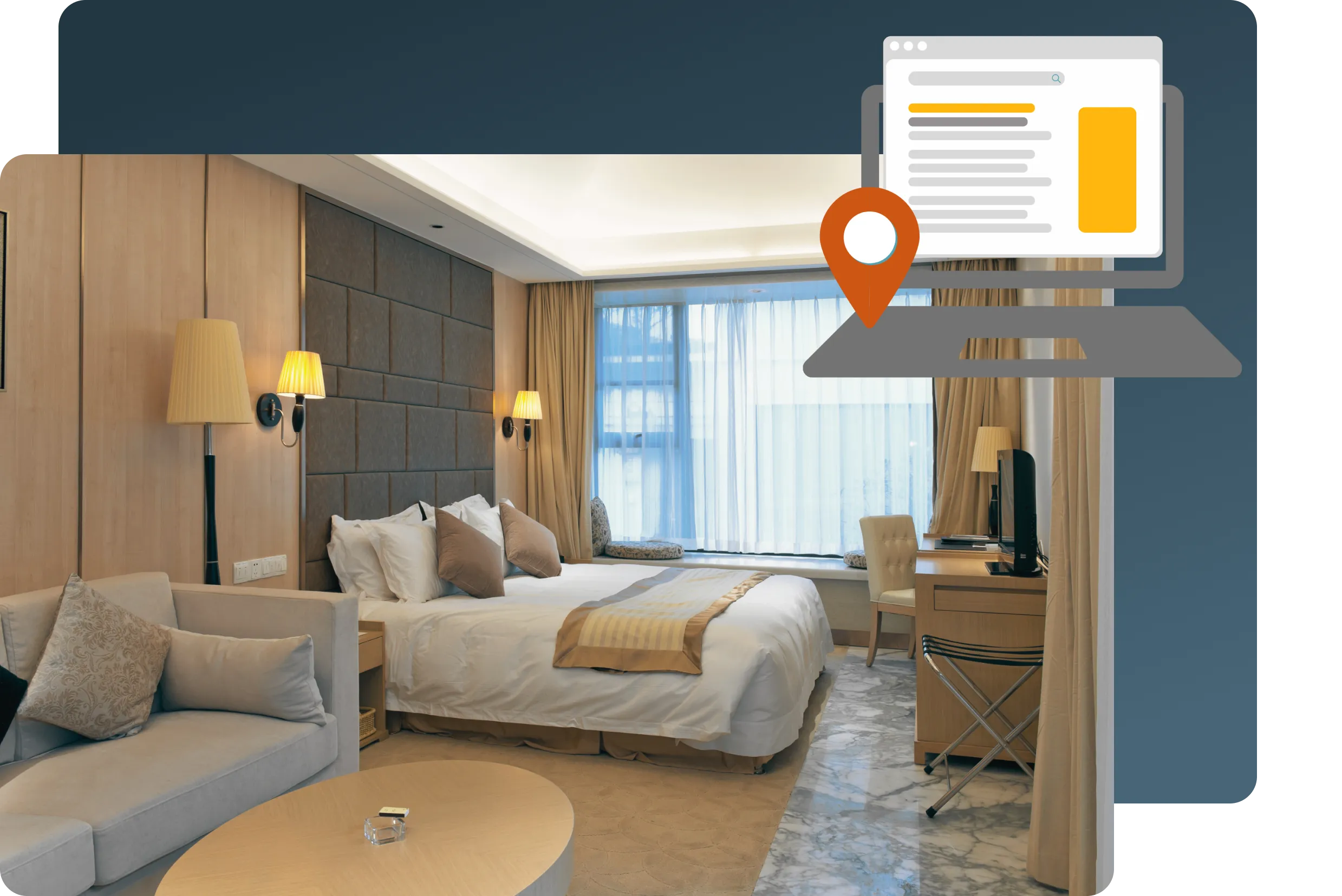 hotel bed with computer overlaid on top