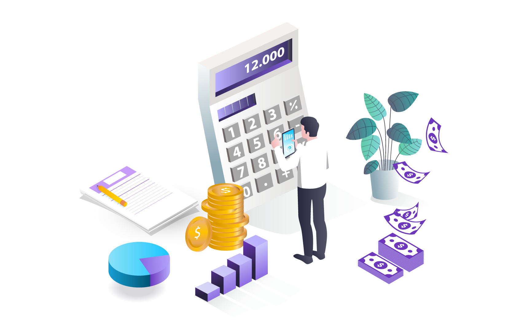 A graphic with a man using a giant calculator and has data points, a plant, coins and dollars around him