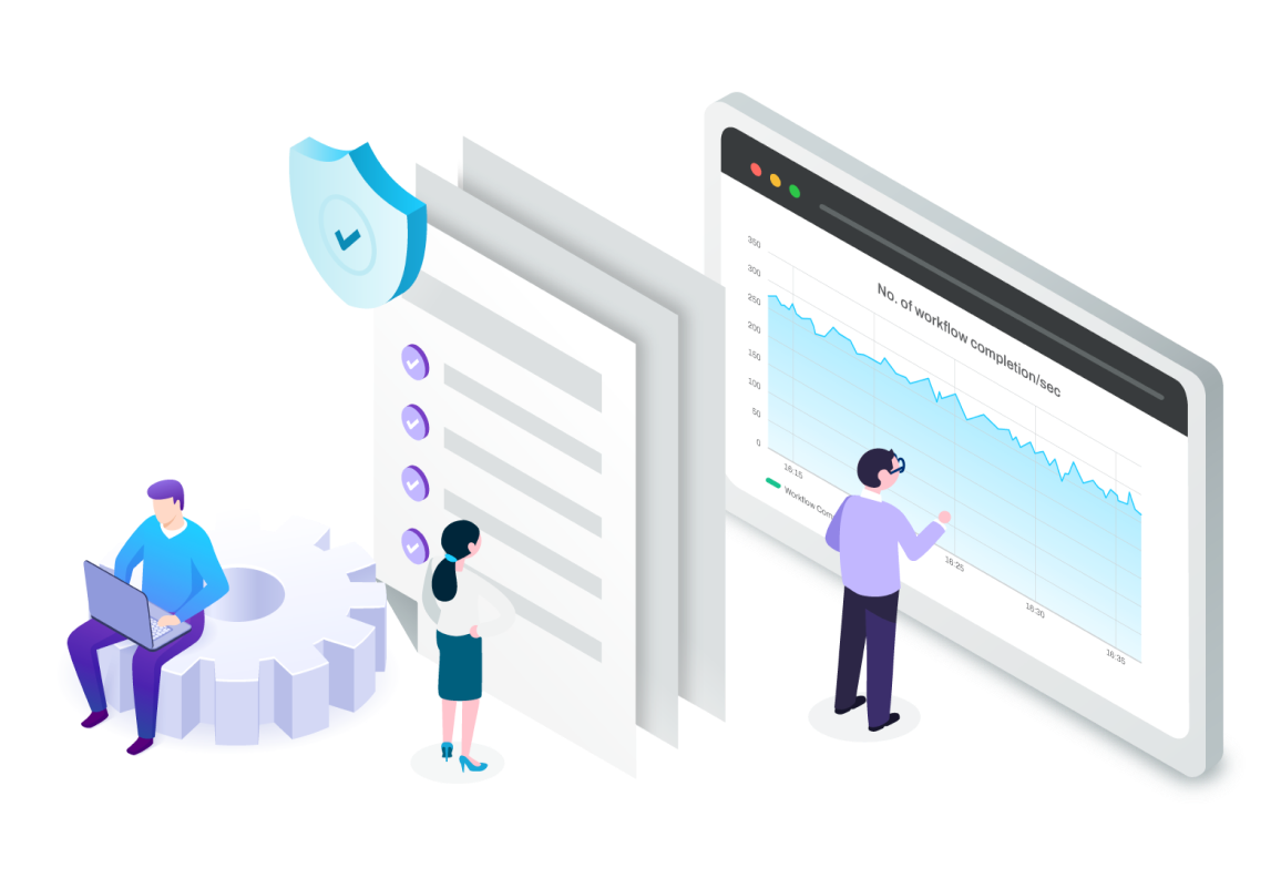 cartoon graphic of a man on a laptop, sitting on a gear, a woman looking at a checklist and a man with glasses reading a chart
